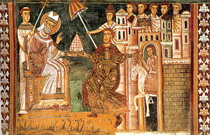 A 13th-century fresco of Sylvester I and Constantine the Great, showing the purported Donation (Santi Quattro Coronati, Rome)